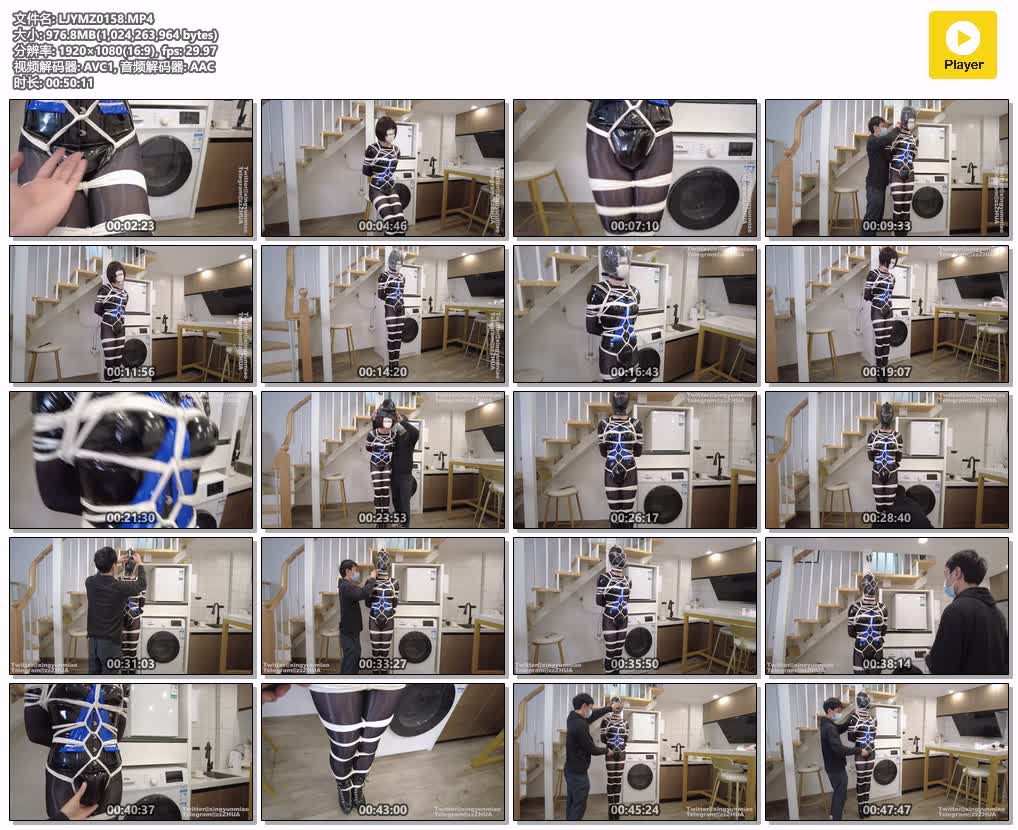 LJYMZ0158【鹿角与猫爪】连体黑丝泳装百米细绳紧缚 胶带封鼻蒙眼 绳圈勒脖罚站绝闷pla.jpg